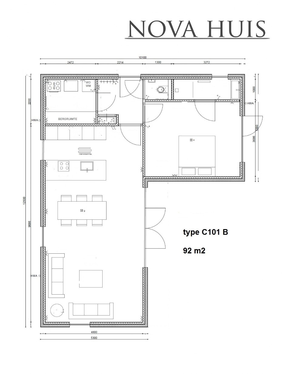 NOVA-HUIS C101 L vorm bungalow levensloopbestendig ATLANTA Staalframebouw