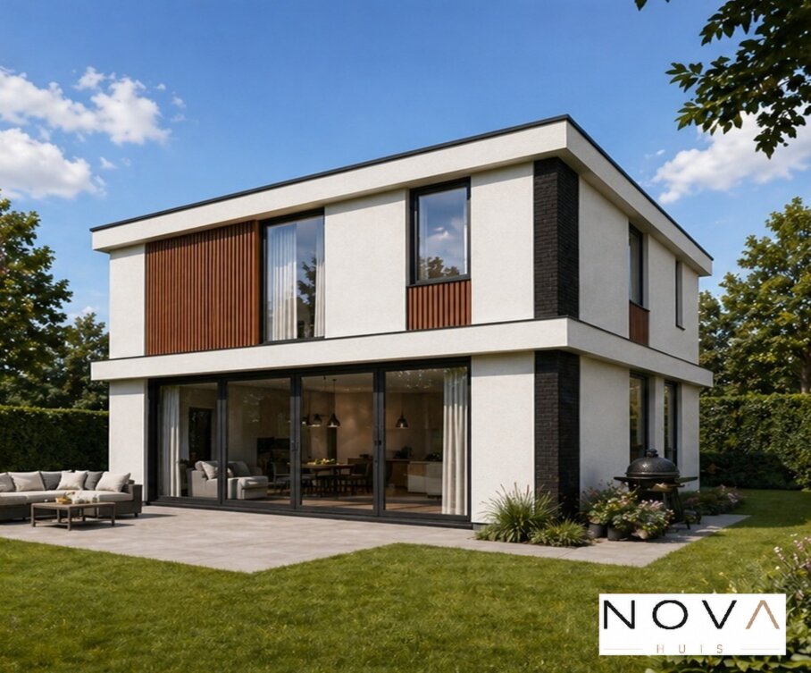 NOVA HUIS K-406 witte moderne kubistische kubus woning met veel glas prefab interieur