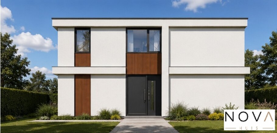 NOVA HUIS K-406 witte moderne kubistische kubus woning met veel glas prefab interieur