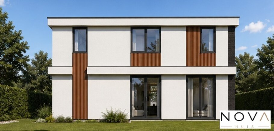 NOVA HUIS K-406 witte moderne kubistische kubus woning met veel glas prefab interieur