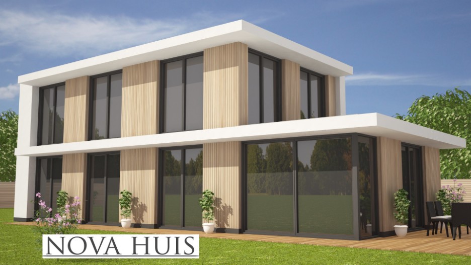 NOVA HUIS K342 mooie moderne witte villa met houtaccenten staalframe