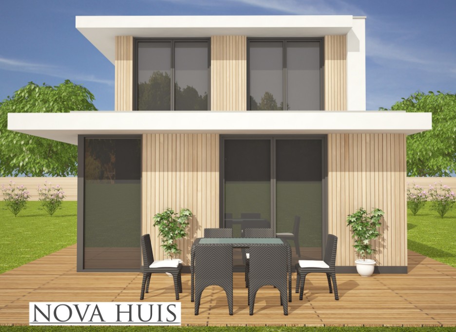 NOVA HUIS K342 mooie moderne witte villa met houtaccenten staalframe