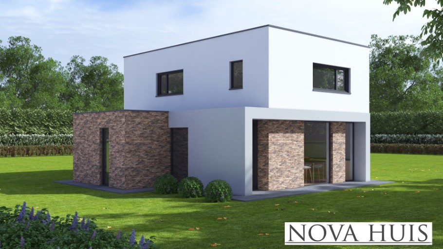 NOVA-HUIS K385 kubistisch 2laags met plat vlak dak staalframebouw Nederland 
