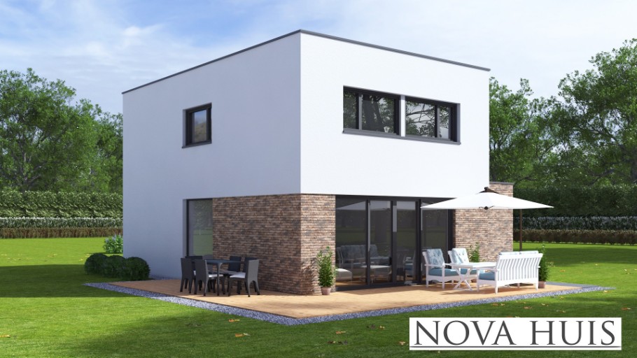NOVA-HUIS K385 kubistisch 2laags met plat vlak dak staalframebouw Nederland 