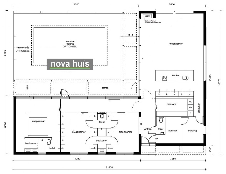 NOVA-HUIS Moderne gelijkvloerse bungalow met plat dak ontwerpen en bouwen A33