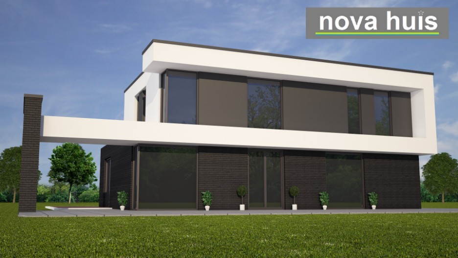 NOVA-HUIS Moderne woningbouw in kubistische stijl met plat dak en veel glas-ramen duurzaam en energieneutraal K84