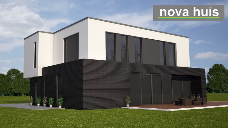 NOVA-HUIS Moderne woningbouw in kubistische stijl met plat dak en veel glas-ramen duurzaam en energieneutraal K84