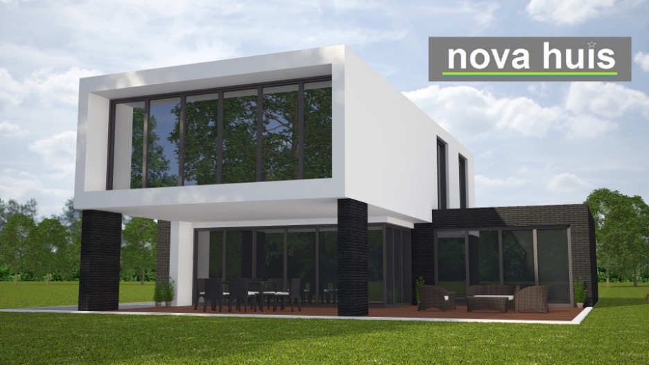 NOVA-HUIS Woningontwerp in moderne kubistische bouwstijl met veel ramen glas en licht overdekt terras  K92 
