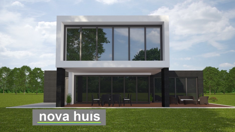 NOVA-HUIS Woningontwerp in moderne kubistische bouwstijl met veel ramen glas en licht overdekt terras  K92 