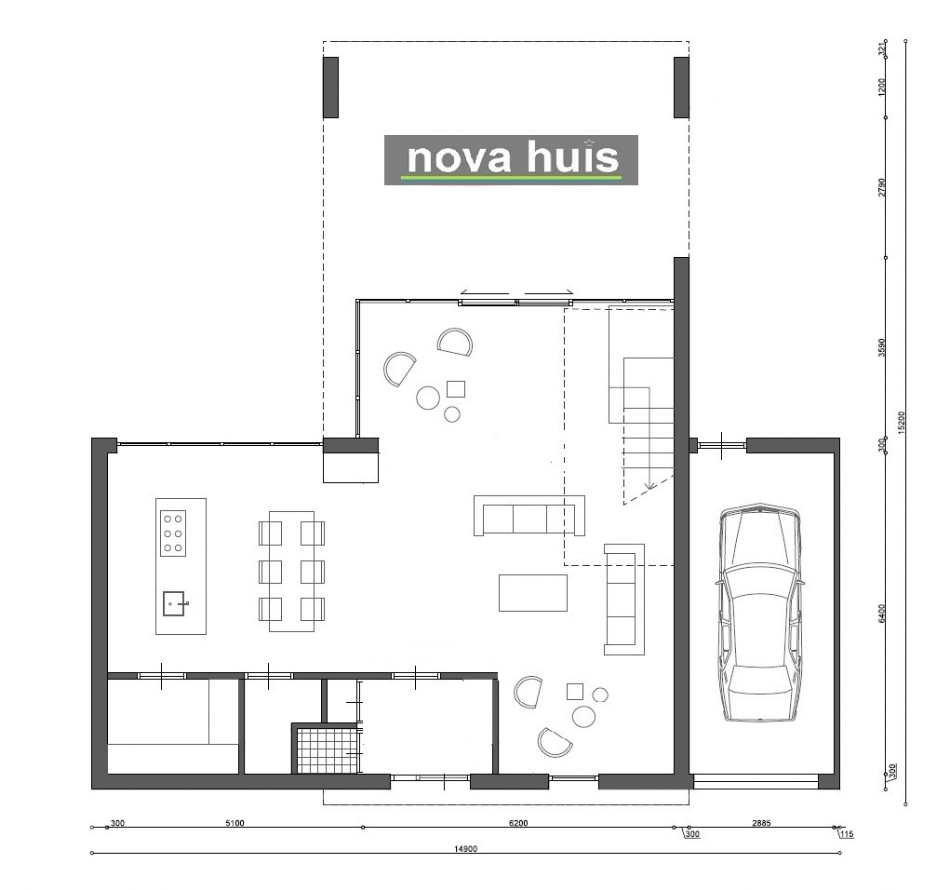 NOVA-HUIS Woningontwerp in moderne kubistische bouwstijl met veel ramen glas en licht overdekt terras  K92 