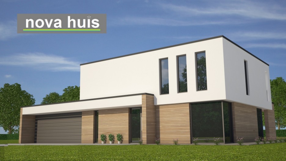 NOVA-HUIS architectuur kubistische woning K62 v1 dakterras gevelstuc hout natuursteen grote inpandige garage 