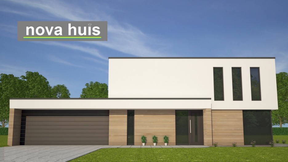 NOVA-HUIS architectuur kubistische woning K62 v1 dakterras gevelstuc hout natuursteen grote inpandige garage 