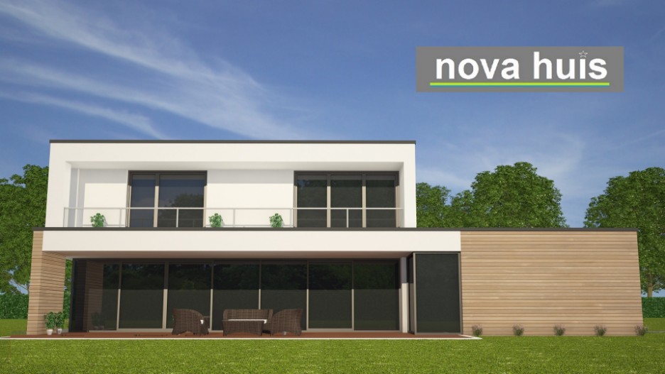 NOVA-HUIS architectuur kubistische woning K62 v1 dakterras gevelstuc hout natuursteen grote inpandige garage 
