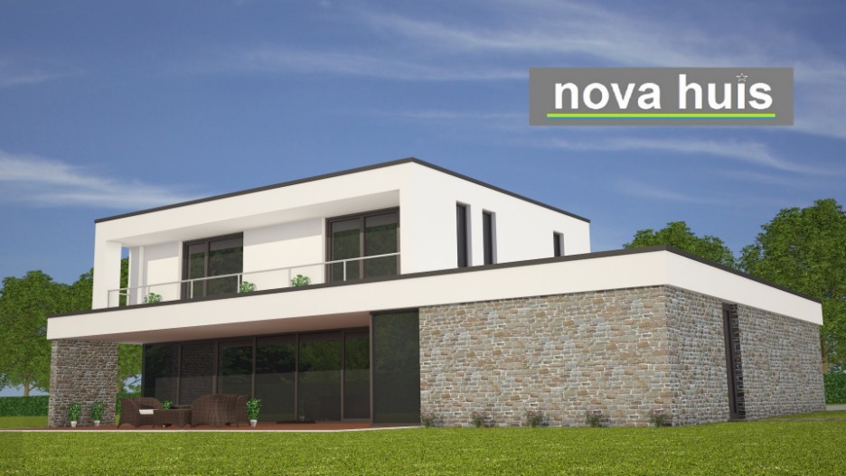 NOVA-HUIS architectuur kubistische woning K62 v2 dakterras gevelstuc flagstones natuursteen grote inpandige garage 