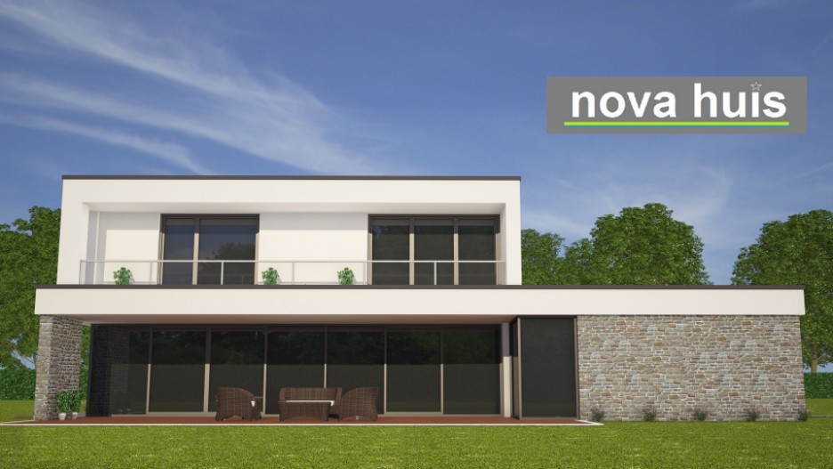 NOVA-HUIS architectuur kubistische woning K62 v2 dakterras gevelstuc flagstones natuursteen grote inpandige garage 