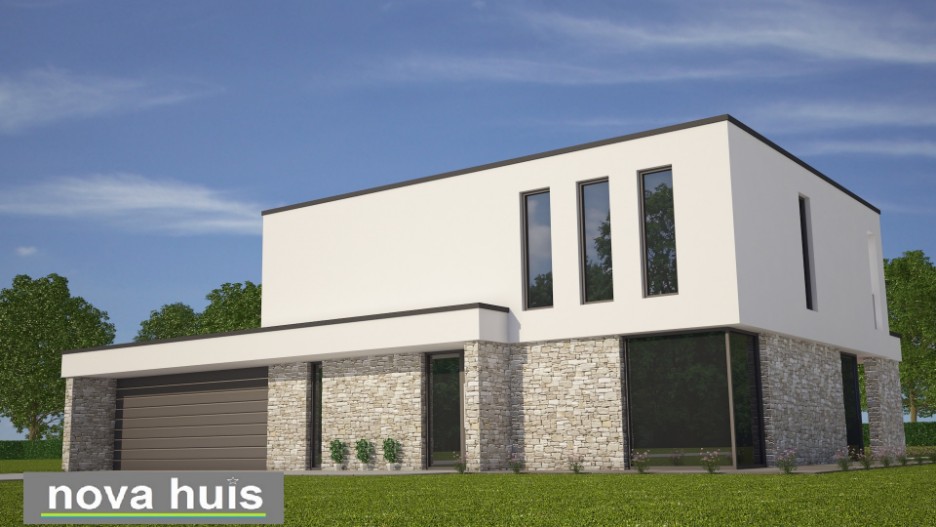 NOVA-HUIS architectuur kubistische woning K62 v3 dakterras gevelstuc flagstones natuursteen grote inpandige garage