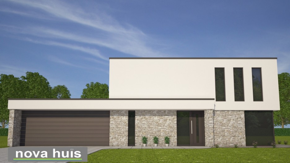 NOVA-HUIS architectuur kubistische woning K62 v3 dakterras gevelstuc flagstones natuursteen grote inpandige garage