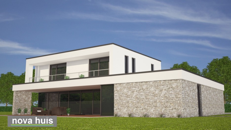 NOVA-HUIS architectuur kubistische woning K62 v3 dakterras gevelstuc flagstones natuursteen grote inpandige garage