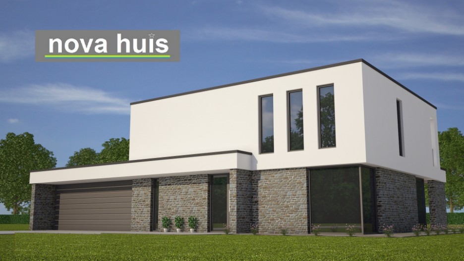 NOVA-HUIS architectuur kubistische woning M62 v2 dakterras gevelstuc flagstones natuursteen grote inpandige garage