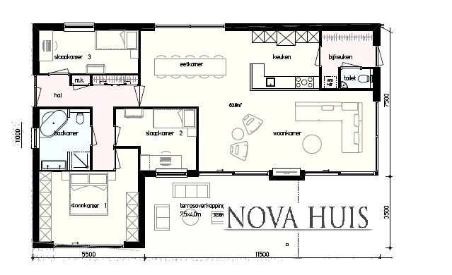 NOVA-HUIS bungalow tye A 91 evensloopbestendig onderhoudsarm energieneutraal staalframebouw
