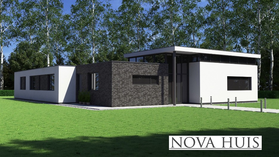 NOVA-HUIS bungalowserie 155 gelijksvloers modern hoog plafond veel licht en glas 