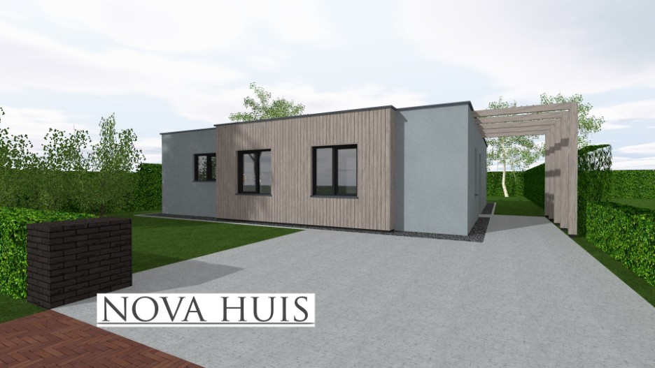 NOVA-HUIS kleine bungalow staalframebouw alles gelijkvloers plat dak energiearm B60