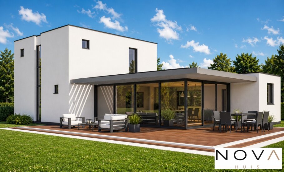 Moderne kubistische woning K-329 met plat dak, grote glaspuien en overdekt terras