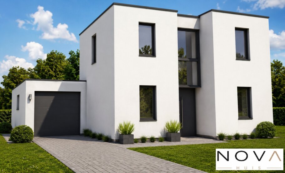 Moderne kubistische woning K-329 met plat dak, grote glaspuien en overdekt terras
