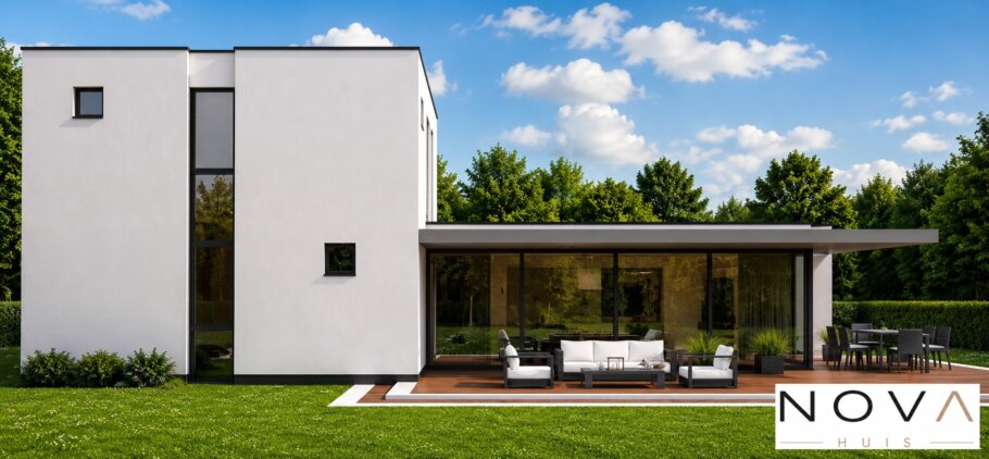 Moderne kubistische woning K-329 met plat dak, grote glaspuien en overdekt terras