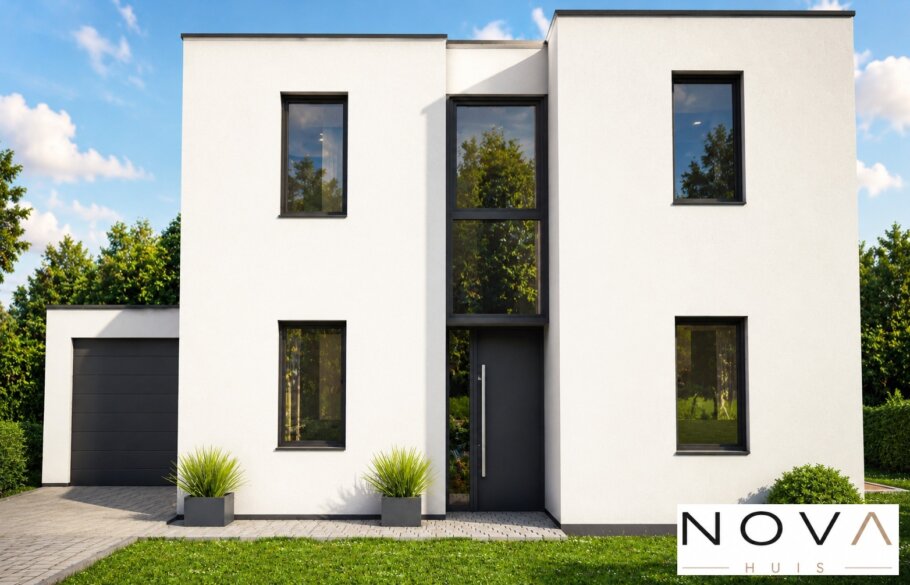 Moderne kubistische woning K-329 met plat dak, grote glaspuien en overdekt terras