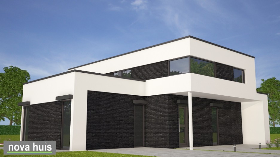 NOVA-HUIS luxe moderne kubistische villa ontwerpen met natuursteen en gestuukte gevels energieneutraal K103