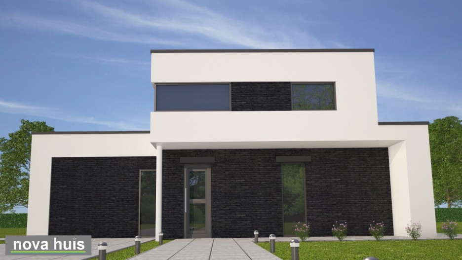NOVA-HUIS luxe moderne kubistische villa ontwerpen met natuursteen en gestuukte gevels energieneutraal K103