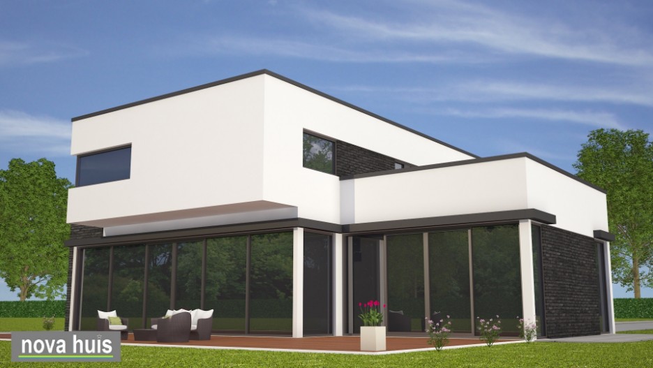 NOVA-HUIS luxe moderne kubistische villa ontwerpen met natuursteen en gestuukte gevels energieneutraal K103