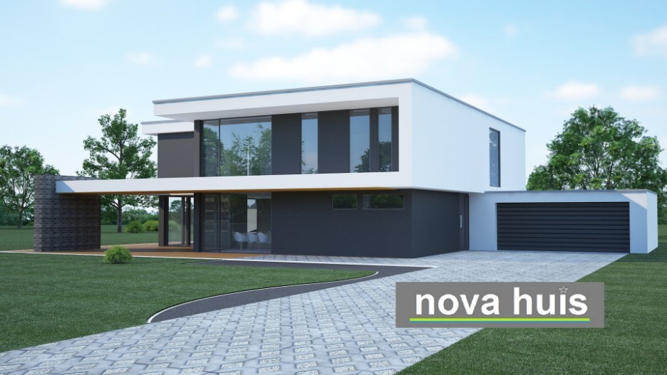 NOVA-HUIS moderne villa in kubistische bouwstijl veel ramen licht overdekte terrassen ontwerp K20