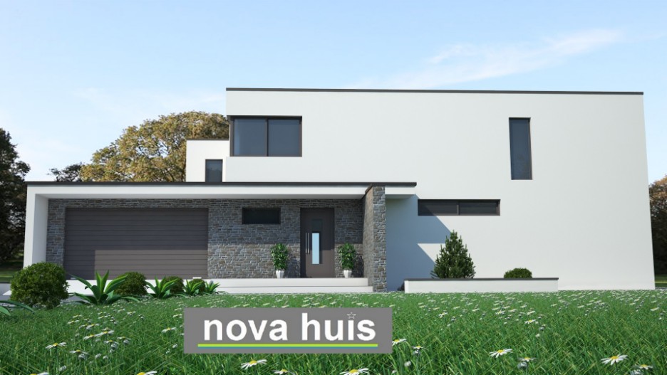 NOVA-HUIS moderne villawoning in kubistische bouwstijl gevels met natuursteen energieneutraal bouwen K18