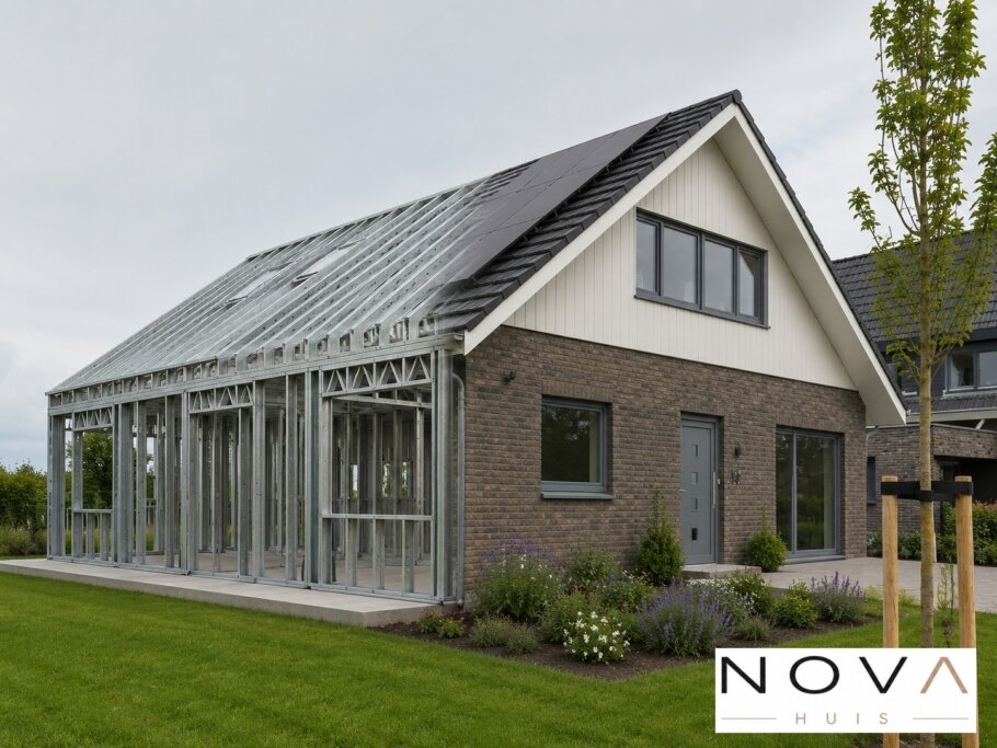 hier ziet u hoe een staalframebouw constructie in kubistische woning wordt verwerkt