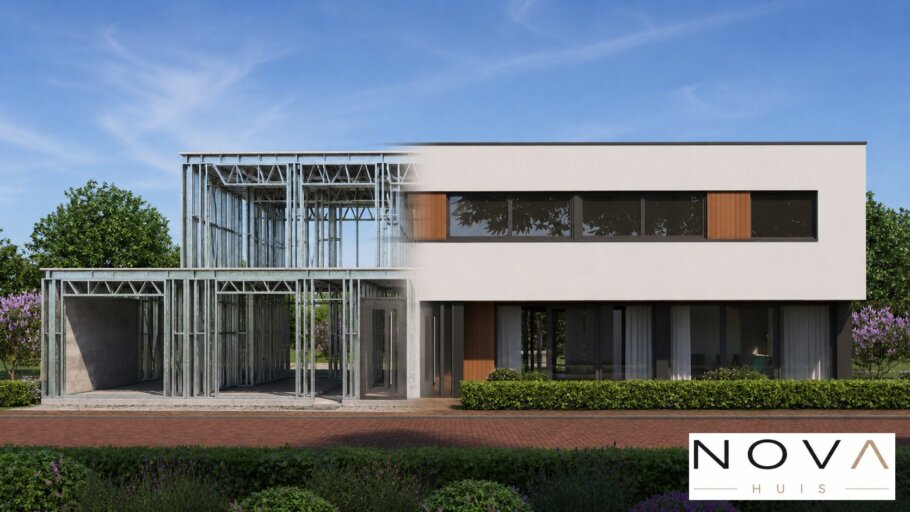 hier ziet u hoe een staalframebouw constructie in kubistische woning wordt verwerkt
