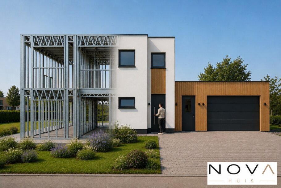 hier ziet u hoe een staalframebouw constructie in kubistische woning wordt verwerkt