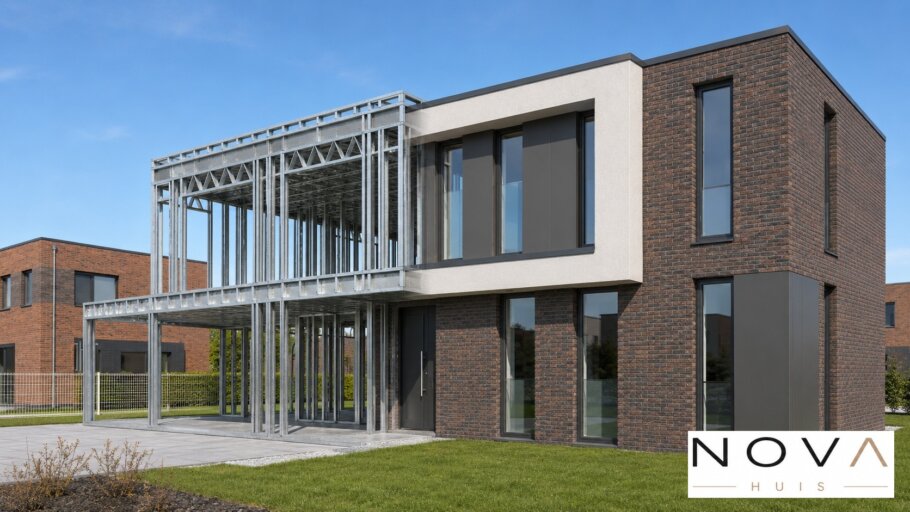 hier ziet u hoe een staalframebouw constructie in kubistische woning wordt verwerkt