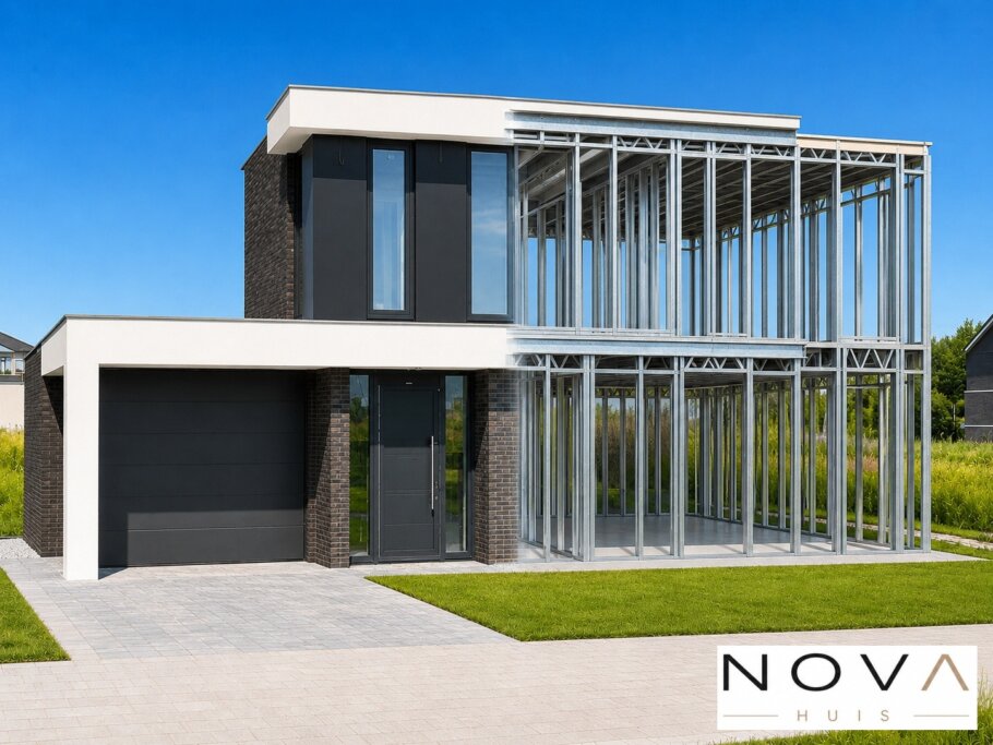 hier ziet u hoe een staalframebouw constructie in kubistische woning wordt verwerkt