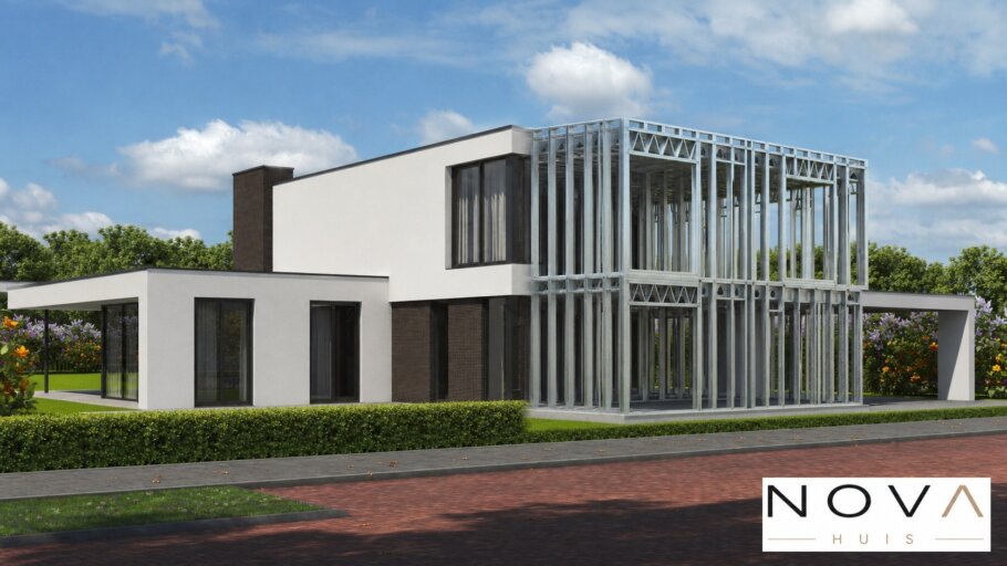hier ziet u hoe een staalframebouw constructie in kubistische woning wordt verwerkt