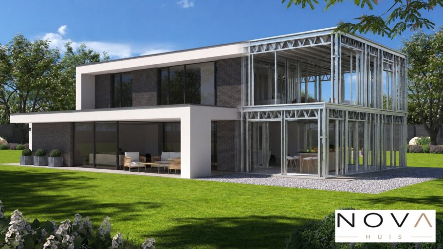 hier ziet u hoe een staalframebouw constructie in kubistische woning wordt verwerkt