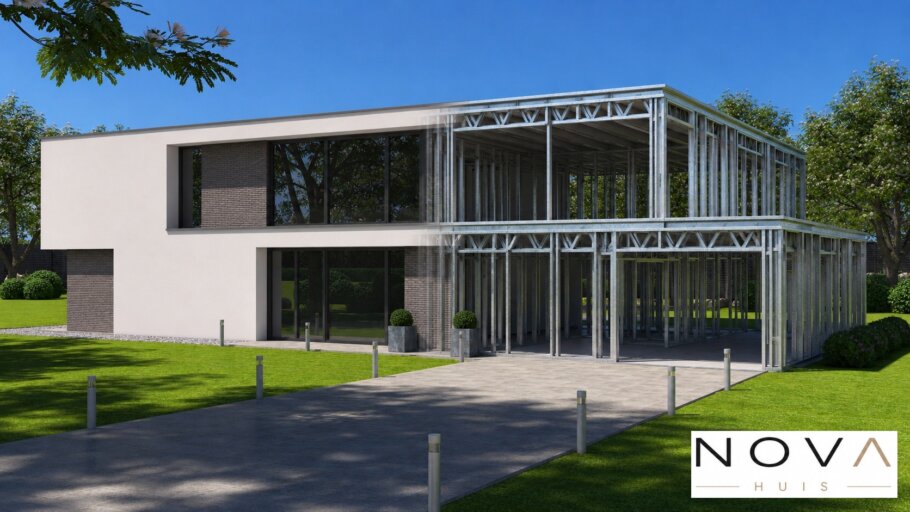 hier ziet u hoe een staalframebouw constructie in kubistische woning wordt verwerkt