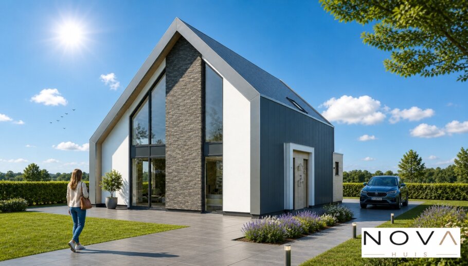 Moderne vrijstaande woning met hoge glazen gevel, houten accenten en strak zwart-wit design ontworpen door NOVA Huis