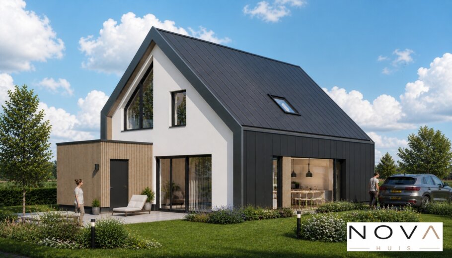 Moderne vrijstaande woning met hoge glazen gevel, houten accenten en strak zwart-wit design ontworpen door NOVA Huis