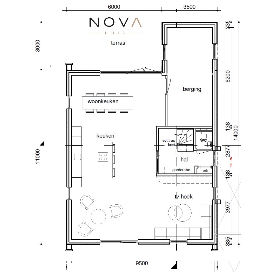 Moderne vrijstaande woning met hoge glazen gevel, houten accenten en strak zwart-wit design ontworpen door NOVA Huis