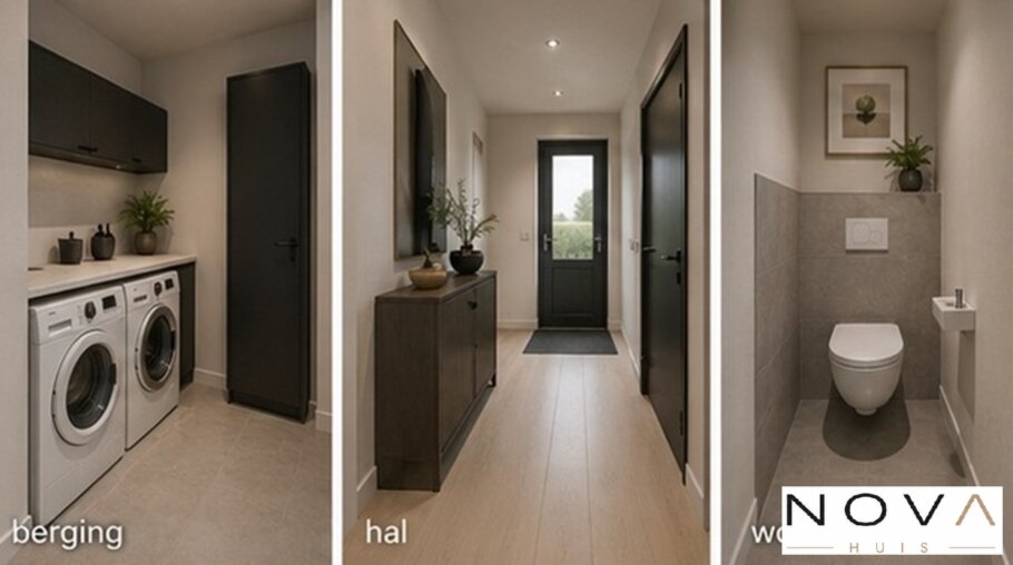NOVA HUIS ontwerpt moderne schuurwoning inspiratie foto's voor type 156 woonkamer, slaapkamer, badkamer. keuken