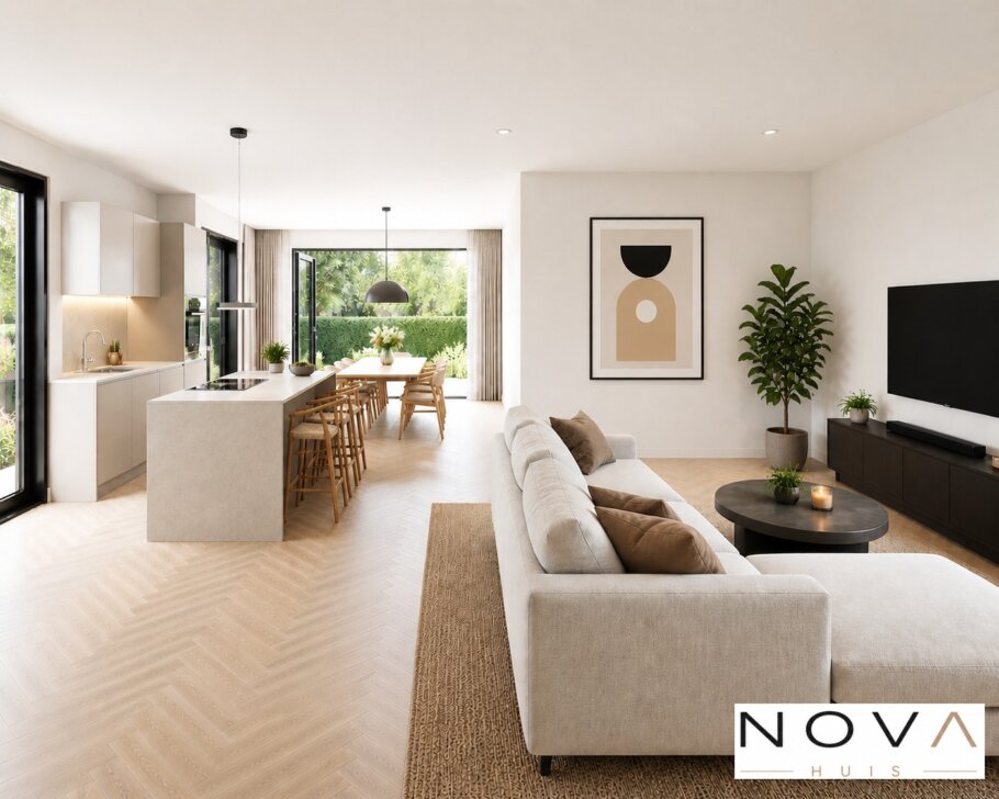 NOVA HUIS ontwerpt moderne schuurwoning inspiratie foto's voor type 156 woonkamer, slaapkamer, badkamer. keuken