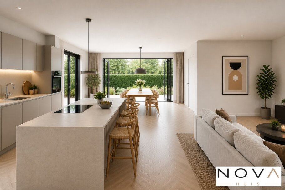 NOVA HUIS ontwerpt moderne schuurwoning inspiratie foto's voor type 156 woonkamer, slaapkamer, badkamer. keuken