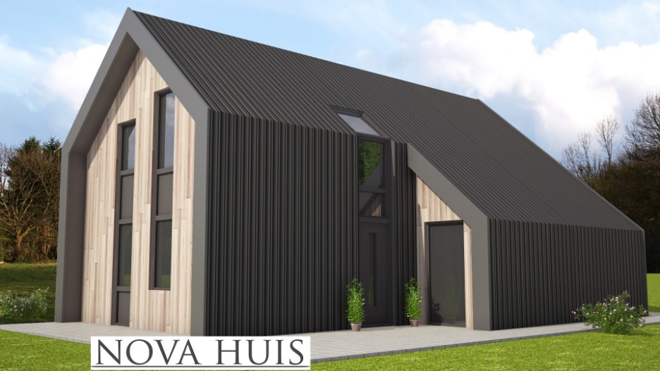NOVA-HUIS schuurwoning type 89 moderne kap golfplaat en hout passief bouwen